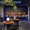 Modern Bar Interior Design With Green Plants Hanging Lights Neon Accents And Wine Racks