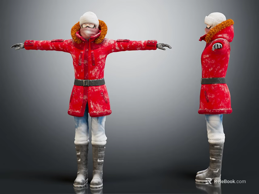 Woman In Red Coat White Hat Fur Collar Arms Outstretched Front Side View 3d model 