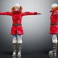 Woman In Red Coat White Hat Fur Collar Arms Outstretched Front Side View