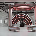 Futuristic Clothing Store with Silver Metal Structures Circular Platform Hanging Clothes Lighting Design and Mannequin