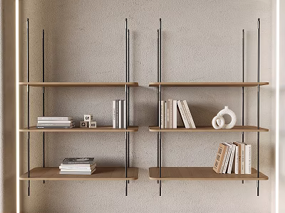 Wall Mounted Wooden Shelving Unit With Metal Brackets Multi Layered For Books And Decorative Items 3d model