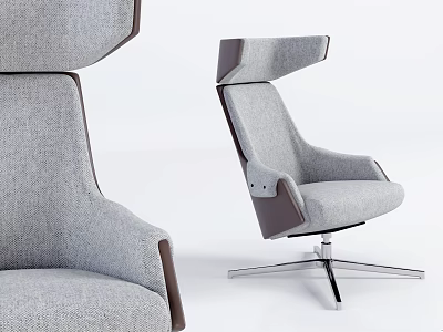 Modern Gray Fabric Leisure Chair With Brown Trim And Metal Swivel Base Design 3d model