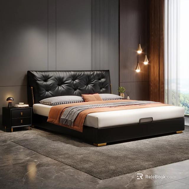Modern Bedroom Interior With Black Leather Tufted Headboard Bed Nightstand Table Lamp And Gray Rug 3d model 