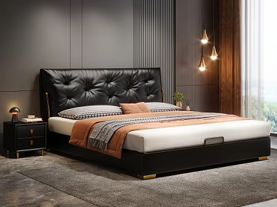 Modern Bedroom Interior With Black Leather Tufted Headboard Bed Nightstand Table Lamp And Gray Rug 3d model