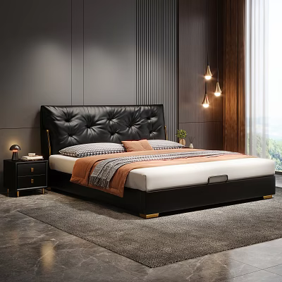 Modern Bedroom Interior With Black Leather Tufted Headboard Bed Nightstand Table Lamp And Gray Rug 3d model