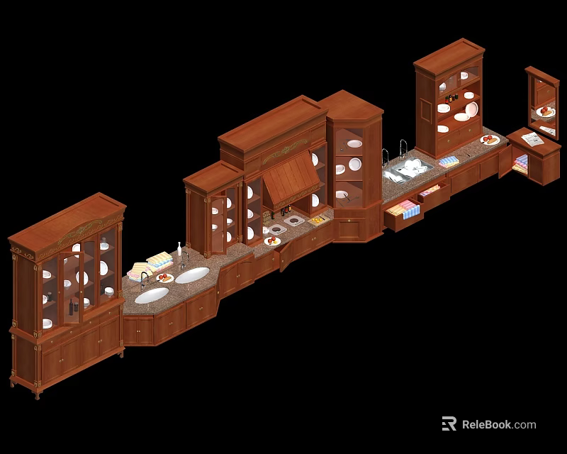 Wooden Storage Cabinet Unit With Glass Doors Countertops And Display Shelves 3d model 