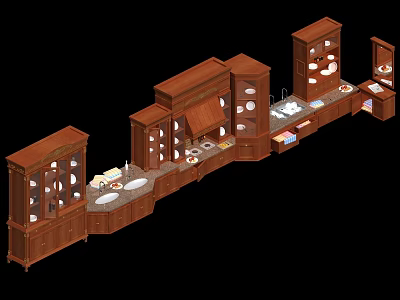 Wooden Storage Cabinet Unit With Glass Doors Countertops And Display Shelves 3d model