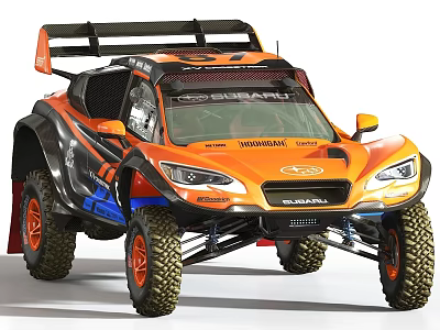 Subaru Orange And Black Rally Car With Large Off Road Tires And Aggressive Styling 3d model