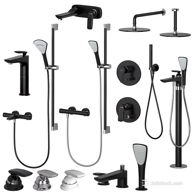 Modern Black Shower Fixtures With Handheld Sprayer Overhead Shower And Control Valves 3d model 
