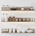 Elegant Dinnerware Set On Kitchen Shelves With Glassware Bowls Plates Bottles And Jars