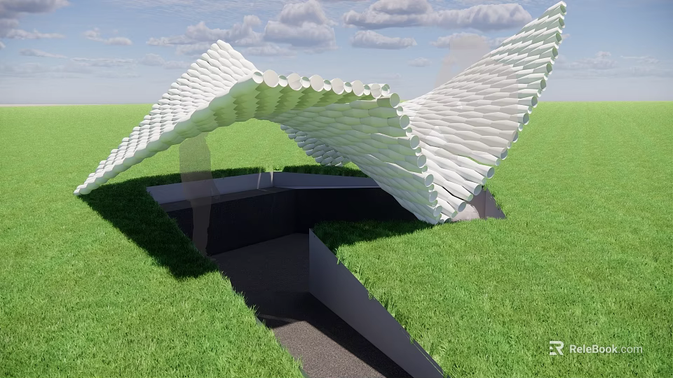 Modern Unique Design Canopy Covering Sunken Area With Green Grass And Blue Sky 3d model 
