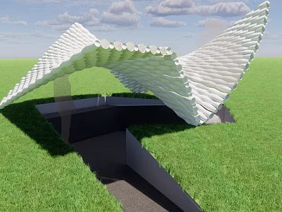 Modern Unique Design Canopy Covering Sunken Area With Green Grass And Blue Sky 3d model