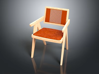 Modern Wooden Chair with Armrests Mesh Backrest and Orange Cushioned Seat 3d model