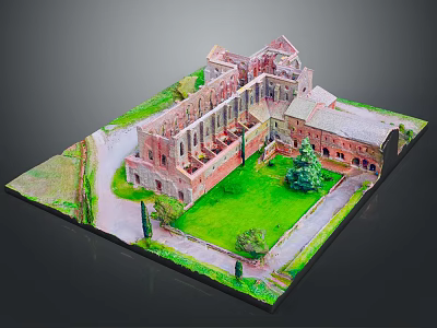 Cartoon Scene of Ancient Ruin Model with Courtyard Grass Lawn Pathway and Trees 3d model