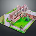 Cartoon Scene of Ancient Ruin Model with Courtyard Grass Lawn Pathway and Trees