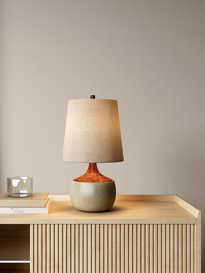 Linen Shade Table Lamp With Beige Terracotta Base On Wooden Table And Books 3d model