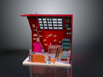 Creative Red Themed Studio Furniture Setup With Easel Worktable Shelves And Storage 3d model