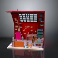 Creative Red Themed Studio Furniture Setup With Easel Worktable Shelves And Storage