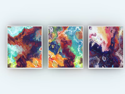 Three Abstract Oil Paintings With Vibrant Color Patterns In White Frames For Wall Decor 3d model
