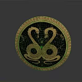Ornate Round Weapon With Golden Border And Two Intertwined Greek Snakes