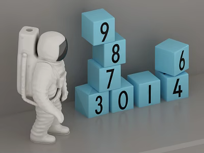 White Astronaut Figure With Blue Number Blocks Near Modern Swing Door 3d model