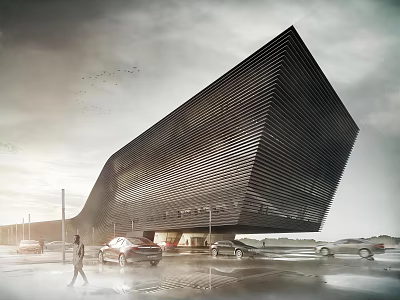 Modern Sales Office Building with Slanted Metal Striped Facade Outdoor Vehicles Pedestrians Wet Ground 3d model