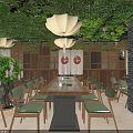 Chinese Restaurant Interior With Bamboo Decor Green Vines Wooden Table Skewers And Stone Railings