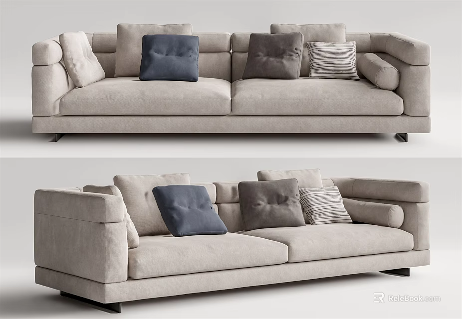 Modern Light Gray Fabric Two-Seater Sofa with Blue Gray and Striped Cushions 3d model 
