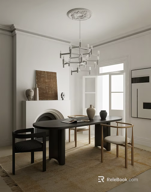 Modern Restaurant Interior With Black Dining Table Chairs Chandelier And Art Decor 3d model 
