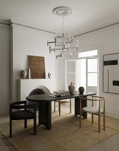 Modern Restaurant Interior With Black Dining Table Chairs Chandelier And Art Decor 3d model