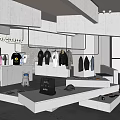 Modern Clothing Store Interior With White Display Platforms Hanging Clothes And Accessories