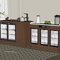 Modern Kitchen Appliances Wooden Storage Cabinets Glass Doors Dishes Kettle And Coffee Machine