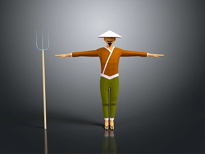 Man In Brown Shirt Green Pants White Conical Hat Arms Outstretched Next To Hay Fork 3d model