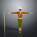 Man In Brown Shirt Green Pants White Conical Hat Arms Outstretched Next To Hay Fork