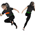 A Woman in Black Sportswear With Orange and Green Accents in Dynamic Running Pose
