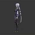 Game and Movie Character with Blue White Hair Dark Outfit Golden Decorations and Long Sleeves
