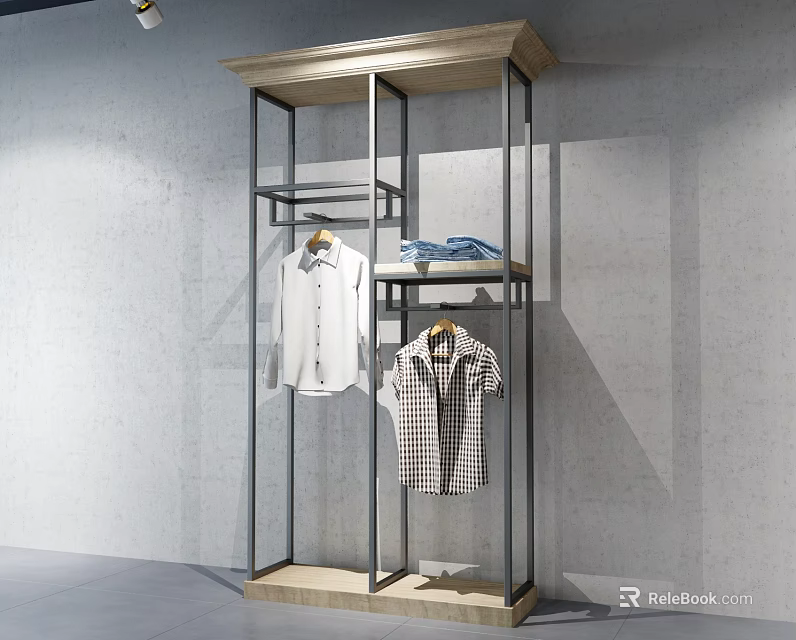 Modern Freestanding Clothes Rack With Metal Frame Wooden Base And Hanging Shirts 3d model 