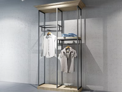 Modern Freestanding Clothes Rack With Metal Frame Wooden Base And Hanging Shirts 3d model
