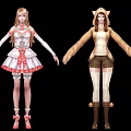 Game Anime Characters In White Pink Lace Dress And Brown Hooded Coat With Cat Ears