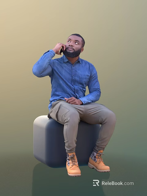 Man In Blue Denim Shirt Talking On Phone While Sitting On Gray Cube 3d model 