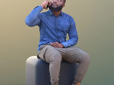 Man In Blue Denim Shirt Talking On Phone While Sitting On Gray Cube 3d model