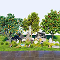 Garden Arbor Trees with Yellow Red Fruits Green Leaves Grassland Stones Decorations and Small Animals