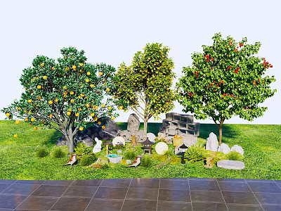 Garden Arbor Trees with Yellow Red Fruits Green Leaves Grassland Stones Decorations and Small Animals 3d model