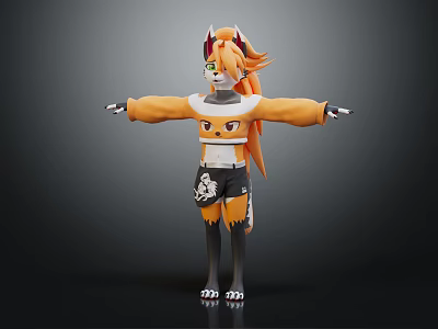 Anthropomorphic Creature Character With Orange Hair Horns And Black Outfit Standing Pose 3d model