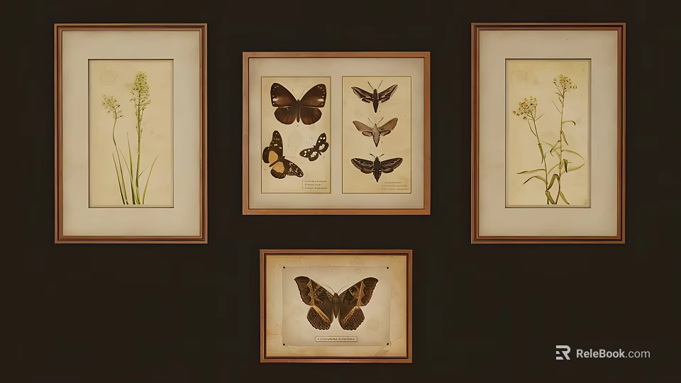 Multiple Framed Butterfly Animal Paintings With Botanical Art On Dark Wall 3d model 