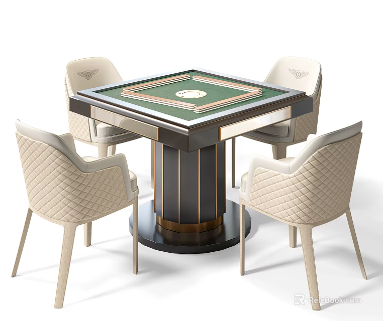 Square Dining Table Set With Green Surface Black Gold Base And Four Light Quilted Chairs 3d model 