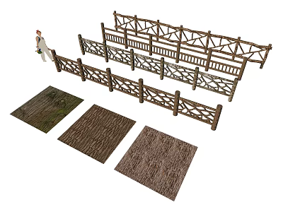 Decorative Wooden Garden Fence With Cross Design And Various Floor Mats 3d model