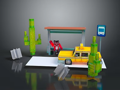 Toy Block Scene With Cacti Bus Stop Shelter Yellow Taxi And Figure 3d model