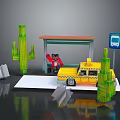 Toy Block Scene With Cacti Bus Stop Shelter Yellow Taxi And Figure