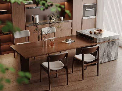 Modern Kitchen Interior With Wooden Island Dining Table Chairs Greenery And Wooden Floor 3d model